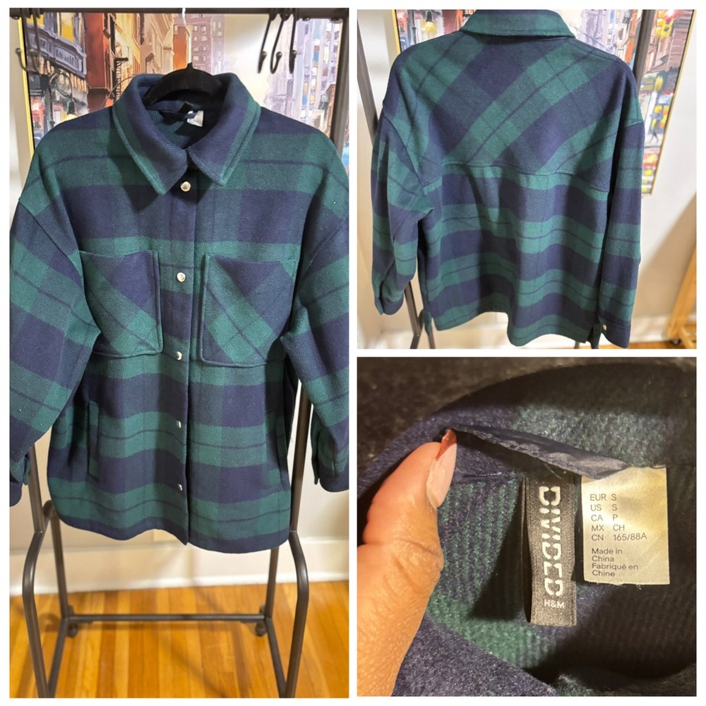 H&M Navy and Green Checkered Overshirt